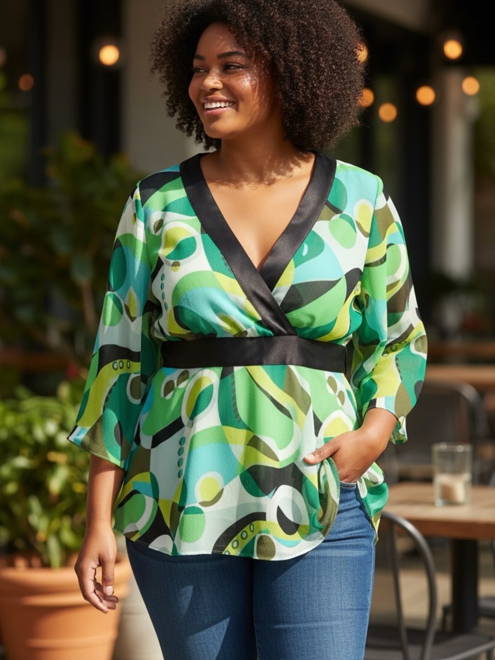 Lane Bryant Green Abstract Print V-Neck Blouse with Black Trim Boho Resort